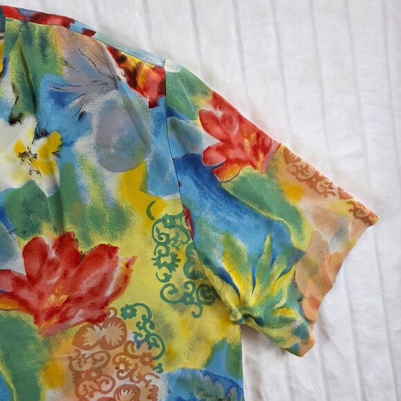 VTG Tess 100% Silk Blouse Women's  Colorful Tropical Floral Short Sleeve Size M - Picture 4 of 13